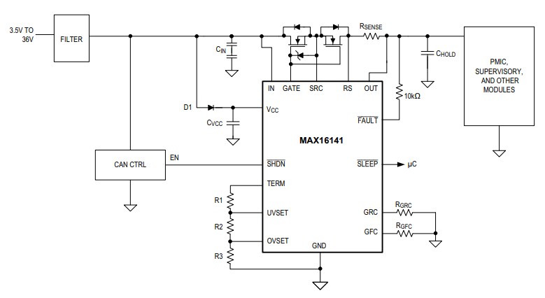 Application Circuit Diagram - Analog Devices / Maxim Integrated MAX16141/MAX16141A Ideal Diode Controllers
